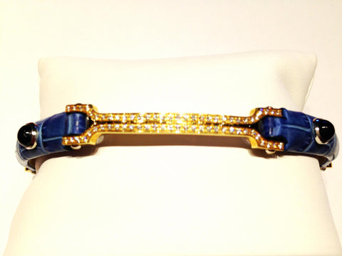 Blue Leather Bracelet with Diamonds
