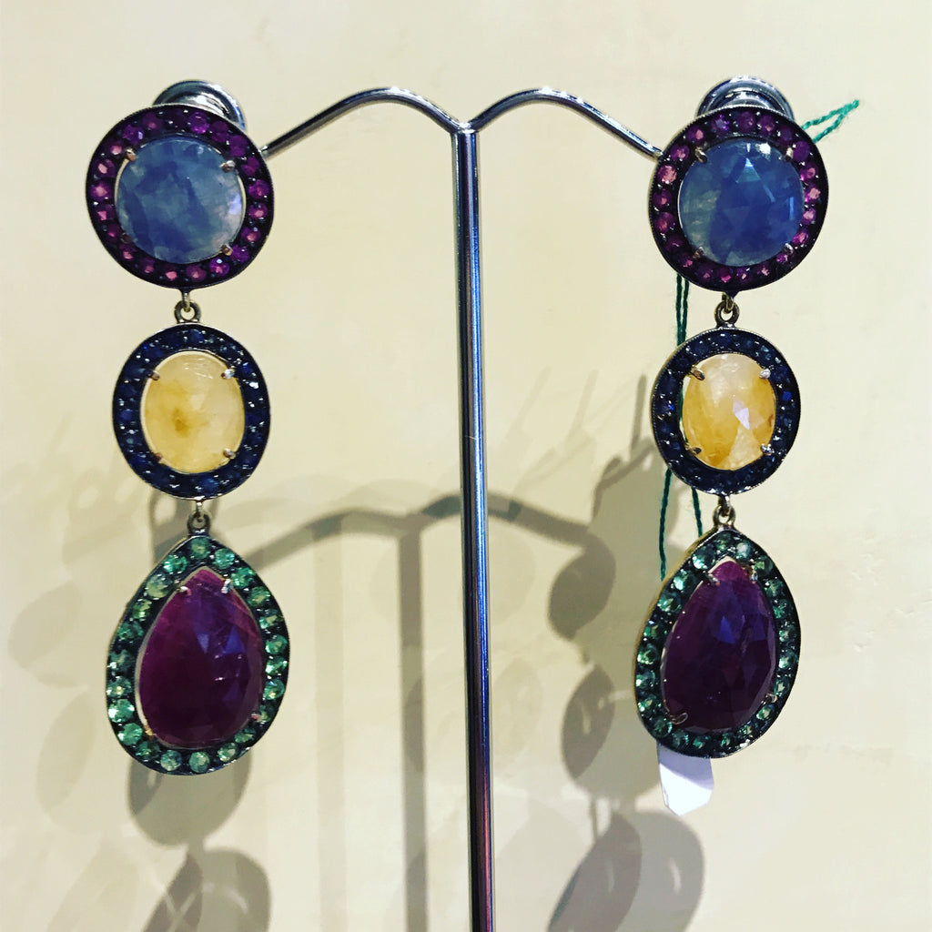 Pendant Earrings with Quartz and Green Sapphires