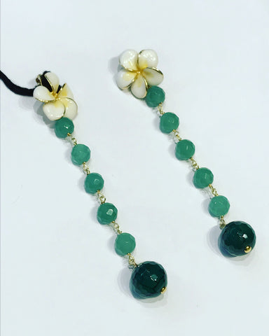 Earrings with Flowers and Green Quartz Pendant