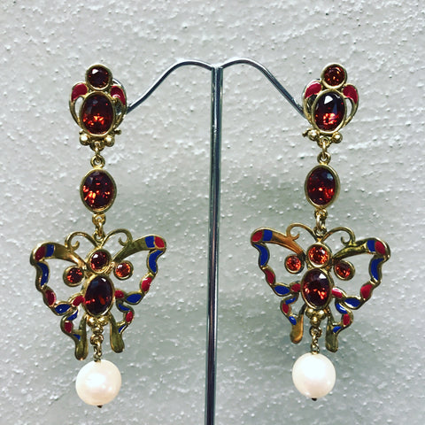 Pendant Earrings " Red and Blue Butterflies "