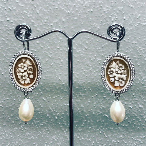 Pendant Earrings with Cameo and Pearls