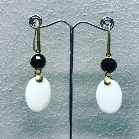 Pendant Earrings in Silver 925 " Black and White Flat Onyx "